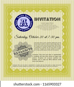 Yellow Invitation. Detailed. With guilloche pattern and background. Money style design. 