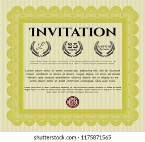 Yellow Invitation. Elegant design. Vector illustration. With great quality guilloche pattern. 
