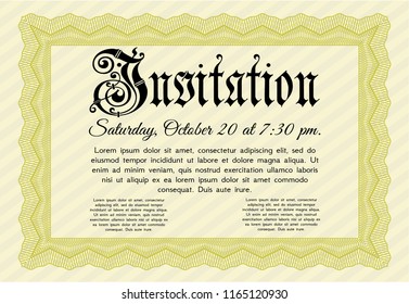 Yellow Invitation. With great quality guilloche pattern. Nice design. Customizable, Easy to edit and change colors. 