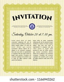 Yellow Invitation. With great quality guilloche pattern. Detailed. Money design. 