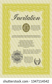 Yellow Invitation. With great quality guilloche pattern. Customizable, Easy to edit and change colors. Artistry design. 