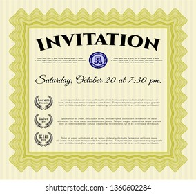 Yellow Invitation. With great quality guilloche pattern. Modern design. Detailed. 