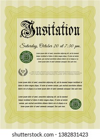 Yellow Invitation. With great quality guilloche pattern. Money style design. Detailed. 