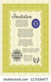 Yellow Invitation. With guilloche pattern and background. Beauty design. Vector illustration. 
