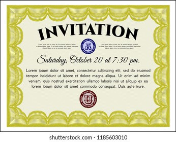 Yellow Invitation. With guilloche pattern and background. Superior design. Detailed. 