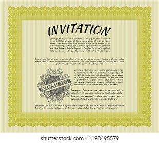 Yellow Invitation. With guilloche pattern. Nice design. Detailed. 