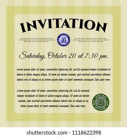 Yellow Invitation. Lovely design. With guilloche pattern. Vector illustration. 