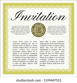 Yellow Invitation. Money style design. With guilloche pattern. Detailed. 