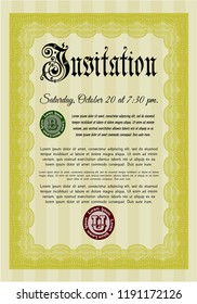 Yellow Invitation template. Artistry design. Vector illustration. Easy to print. 