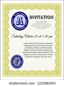 Yellow Invitation template. With complex linear background. Good design. Detailed. 