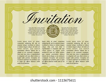 Yellow Invitation template. Cordial design. Detailed. With great quality guilloche pattern. 