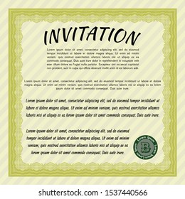 Yellow Invitation template. Cordial design. With guilloche pattern. Vector illustration. 