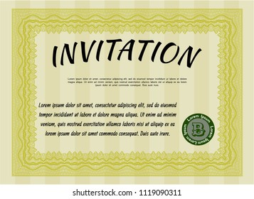 Yellow Invitation template. Customizable, Easy to edit and change colors. With guilloche pattern and background. Money Pattern. 