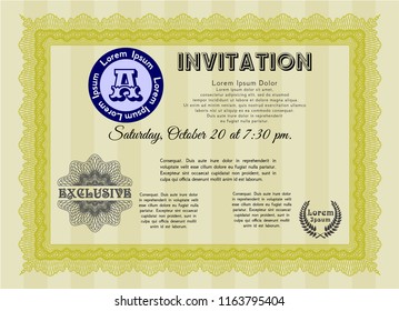 Yellow Invitation template. Detailed. With complex background. Superior design. 