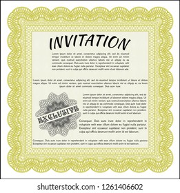 Yellow Invitation template. Detailed. With complex linear background. Money style design. 