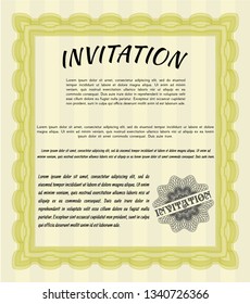 Yellow Invitation template. Detailed. Complex background. Artistry design. 
