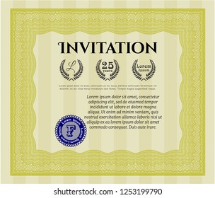 Yellow Invitation template. Detailed. With guilloche pattern. Excellent design. 