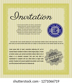 Yellow Invitation template. Easy to print. Detailed. Money Pattern. 
