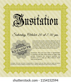 Yellow Invitation template. Excellent design. With great quality guilloche pattern. Detailed. 