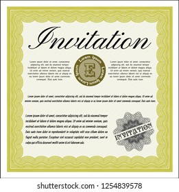 Yellow Invitation template. Excellent design. With great quality guilloche pattern. Detailed. 