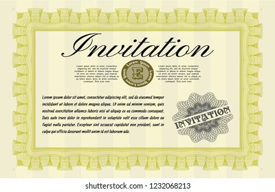 Yellow Invitation template. Good design. Detailed. Complex background. 