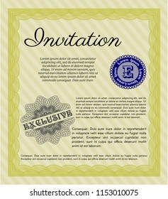 Yellow Invitation template. With guilloche pattern. Detailed. Nice design. 