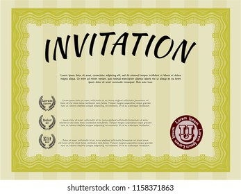 Yellow Invitation template. With guilloche pattern and background. Money Pattern design. Vector illustration. 