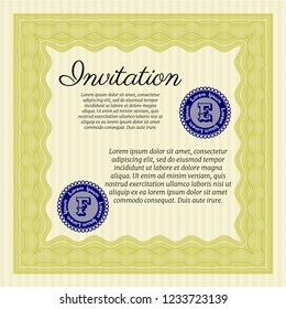 Yellow Invitation template. With guilloche pattern and background. Excellent design. Detailed. 