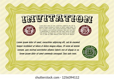 Yellow Invitation template. With guilloche pattern. Vector illustration. Money style design. 