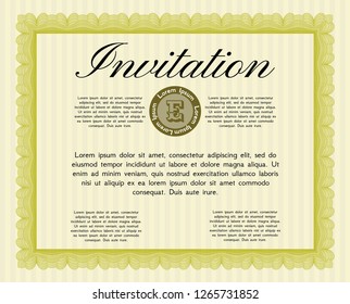 Yellow Invitation template. With guilloche pattern and background. Superior design. Vector illustration. 