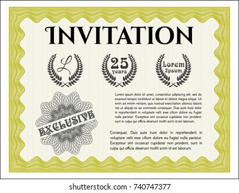 Yellow Invitation template. With guilloche pattern and background. Detailed. Nice design. 