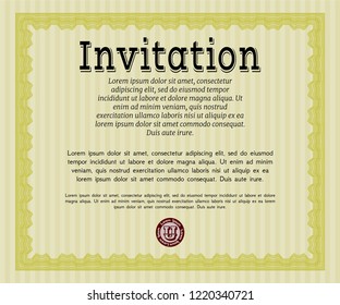 Yellow Invitation template. With linear background. Cordial design. Detailed. 