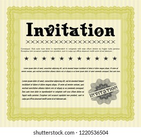 Yellow Invitation template. Lovely design. With complex linear background. Detailed. 