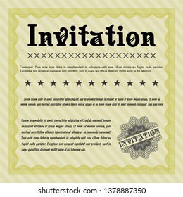 Yellow Invitation template. Lovely design. Vector illustration. With great quality guilloche pattern. 