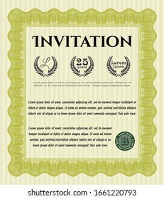 Yellow Invitation template. Lovely design. With linear background. Detailed. 