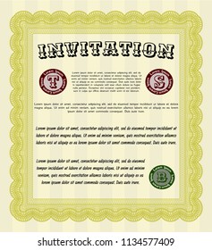 Yellow Invitation template. Modern design. With great quality guilloche pattern. Vector illustration. 