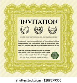 Yellow Invitation template. Money design. Detailed. With great quality guilloche pattern. 