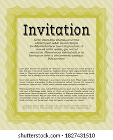Yellow Invitation template. Nice design. With guilloche pattern.  