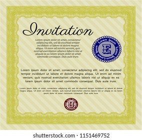 Yellow Invitation template. Perfect design. Detailed. With guilloche pattern. 