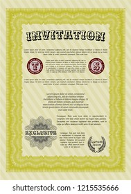 Yellow Invitation template. Perfect design. With guilloche pattern. Vector illustration. 