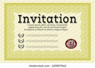 Yellow Invitation template. Printer friendly. Modern design. Detailed. 
