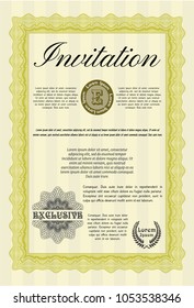 Yellow Invitation template. Retro design. With great quality guilloche pattern. Detailed. 