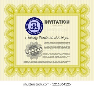 Yellow Invitation template. Vector illustration. With linear background. Money Pattern design. 