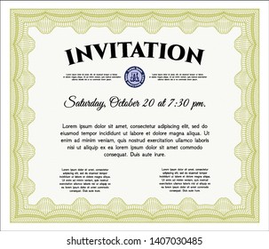 Yellow Invitation template. Vector illustration. With great quality guilloche pattern. Superior design. 
