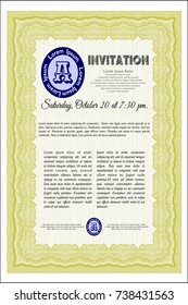 Yellow Invitation template. Vector illustration. With guilloche pattern. Cordial design. 