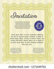 Yellow Invitation. Vector illustration. With great quality guilloche pattern. Excellent design. 