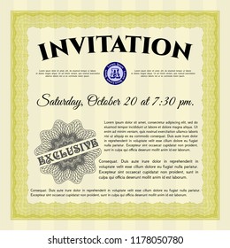 Yellow InvYellow Vintage invitation. With complex linear background. Money design. Detailed. itation template. Modern design. Printer friendly. Vector illustration. 