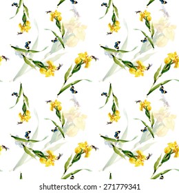 Yellow iris flowers with butterfly and bee watercolor seamless pattern on white background vector illustration