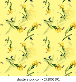 Yellow iris flowers with butterfly and bee watercolor seamless pattern on yellow background vector illustration