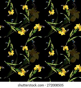 Yellow iris flowers with butterfly and bee watercolor seamless pattern on black background vector illustration